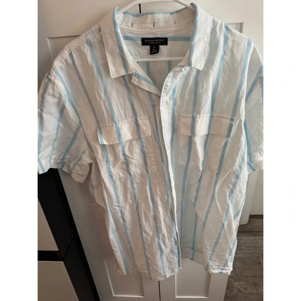 Banana Republic Mens XL Linen Cotton Striped Short Sleeve Button Down Shirt Blue